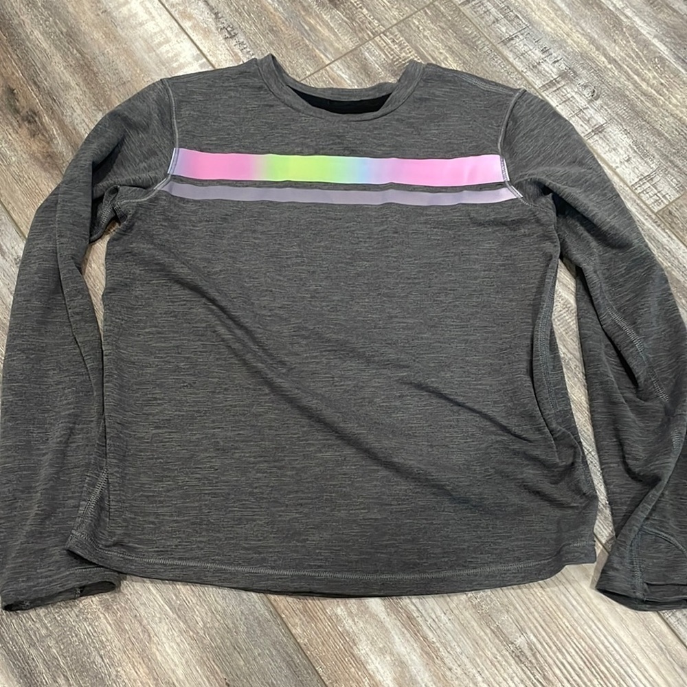 Athleta Girl Girls Top Long Sleeve Gray Stripe Hologram 8-10